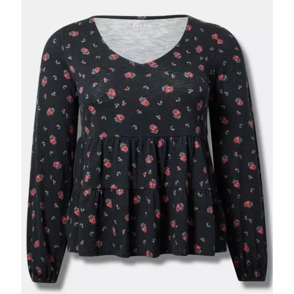 New Torrid Tiered Peplum Blouse Women 1X Black Red Rose Floral VNeck Long Sleeve